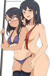  2girls animanghayo bikini black_hair blue_thighhighs bow bow_bikini breasts commentary covered_nipples hair_ornament hairclip highres ijiranaide_nagatoro-san medium_breasts mole mole_under_eye multiple_girls nagatoro_hayase nagatoro_misaki open_mouth patreon_username pole purple_bikini red_eyes siblings sisters slingshot_swimsuit smile stripper_pole swimsuit tan tanlines thighhighs wavy_mouth 