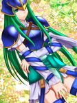  74 armor armored_dress blue_armor breastplate detached_sleeves fire_emblem fire_emblem:_souen_no_kiseki flower green_eyes green_hair helmet leaf leaf_background long_hair nephenee skirt solo torn_clothes torn_skirt torn_sleeves white_skirt 