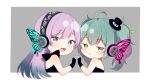  2girls :&lt; :d bare_shoulders black_dress black_gloves black_hairband black_hat blue_eyes brown_eyes chibi closed_mouth commentary cropped_torso dress fang fingerless_gloves from_side gloves gradient_hair green_hair grey_background hair_between_eyes hairband hat hatsune_miku heterochromia leaf long_hair looking_at_viewer looking_to_the_side magnet_(vocaloid) megurine_luka midorikawa_you mini_hat mini_top_hat multicolored_hair multiple_girls smile star_(symbol) star_in_eye strapless strapless_dress symbol-only_commentary symbol_in_eye tilted_headwear top_hat twintails two-tone_background upper_body vocaloid white_background 