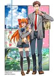  1girl alternate_hair_color bag black_legwear blush bow brown_eyes brown_hair cover cover_page crepe doujin_cover eating food food_on_face gekkan_shoujo_nozaki-kun hair_bow hashimoto_(yanagi-momo) height_difference necktie nozaki_umetarou open_mouth orange_hair polka_dot polka_dot_bow purple_eyes rouman_academy_uniform sakura_chiyo school_bag school_uniform smile thighhighs 