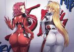  2girls ass ass_focus back biker_clothes bikesuit blonde_hair blush bodysuit breasts brown_eyes butt_crack from_behind gloves green_eyes highres huge_ass izayoi_aki large_breasts long_hair looking_at_viewer looking_back mibry_(phrysm) multiple_girls red_hair sherry_leblanc skin_tight solo thighs very_long_hair yu-gi-oh! yu-gi-oh!_5d&#039;s 