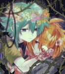  2boys basil_(faraway)_(omori) basil_(headspace)_(omori) basil_(omori) blonde_hair blood blood_on_hands closed_mouth flower green_eyes green_hair hair_flower hair_ornament hair_over_one_eye head_wreath kauchi_(kani10cauchi) multiple_boys omori red_eyes short_hair twitter_username 