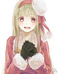  :d axis_powers_hetalia black_gloves blonde_hair coat fur_trim genderswap genderswap_(mtf) gloves hairband hands_clasped hat interlocked_fingers long_hair long_sleeves looking_at_viewer open_mouth own_hands_together pink_hairband pom_pom_(clothes) purple_eyes russia_(hetalia) simple_background smile solo twitter_username white_background wowishi 