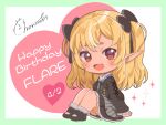  1girl :d ankle_boots black_choker black_dress black_footwear black_jacket black_ribbon blonde_hair blush boots chibi chibi_only choker commentary_request dark-skinned_female dark_skin dress from_side full_body grey_dress hair_ribbon happy_birthday highres hololive jacket knees_up long_hair looking_at_viewer momone_cco multicolored_hair official_alternate_costume open_mouth pendant_choker pointy_ears red_eyes ribbon shiranui_flare shiranui_flare_(street) short_dress signature sitting smile solo streaked_hair striped_clothes striped_dress two_side_up vertical-striped_clothes vertical-striped_dress virtual_youtuber 