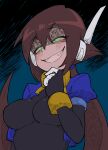  1girl absurdres aile_(mega_man_zx) black_bodysuit blue_background blue_jacket blush bodysuit bodysuit_under_clothes breasts brown_hair buzzlyears cropped_jacket glowing glowing_eyes green_eyes hand_on_own_chin highres jacket large_breasts long_hair looking_up mechanical_arms mega_man_(series) mega_man_zx mega_man_zx_advent open_clothes open_jacket partially_shaded_face ponytail sharp_teeth short_sleeves smirk smug solo teeth upper_body 