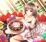  box breasts brown_eyes brown_hair cake cleavage dress food fruit gift gift_box happy_birthday highres holding large_breasts looking_at_viewer off_shoulder original oversized_object sitting smile solo strawberry thighs wariza wsman 