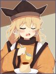  1girl absurdres black_hat blonde_hair blush brown_hat closed_eyes commentary_request food hat highres holding holding_spoon iyo_mamoru long_hair long_sleeves matara_okina open_mouth orange_sleeves orange_tabard plate pointy_hat pudding ribbon shirt solo spoon sun_print tabard table touhou undershirt white_ribbon white_shirt wide_sleeves 