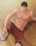  1boy abs azzurro_000 basketball_jersey basketball_uniform black_eyes black_hair foot_out_of_frame highres indoors knee_pads looking_at_viewer male_focus mitsui_hisashi on_floor red_shorts scar scar_on_chin scar_on_face short_hair shorts single_knee_pad sitting slam_dunk_(series) smile solo sportswear sweat toned toned_male topless_male 