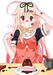  apron black_serafuku blonde_hair chocolate chocolate_making chocolate_on_face food food_on_face hair_flaps hair_ornament hair_ribbon hairclip highres kantai_collection ko-chin long_hair messy mixing_bowl red_eyes remodel_(kantai_collection) ribbon sailor_collar scarf school_uniform serafuku simple_background smile solo the_yuudachi-like_creature translated white_background white_scarf yuudachi_(kantai_collection) 