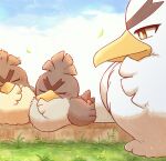  animal_focus bird blue_sky bright_pupils brown_eyes dated duck farfetch&#039;d fluffy galarian_farfetch&#039;d grass no_humans outdoors pokemon pokemon_(creature) shuri_(syurigame) signature sirfetch&#039;d sky sleeping thick_eyebrows v-shaped_eyebrows white_pupils 