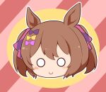 1girl animal_ears blush_stickers bow brown_hair chibi closed_mouth gomashio_(goma_feet) hair_between_eyes hair_bow head_only horse_ears o_o outline purple_bow smart_falcon_(umamusume) smile solo twintails umamusume white_outline yellow_background yellow_bow 