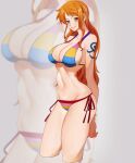  1girl arms_behind_back bangle bare_shoulders bikini bracelet breasts cleavage closed_mouth cowboy_shot cropped_legs earrings halterneck highres jewelry large_breasts light_blush long_hair looking_at_viewer multicolored_bikini multicolored_clothes nami_(one_piece) navel official_alternate_costume one_piece one_piece_film:_z orange_eyes orange_hair pearl_earrings shoulder_tattoo side-tie_bikini_bottom single_sidelock siokosho_kinoko smile solo stomach striped_bikini striped_clothes swimsuit tattoo 