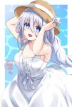  blue_eyes blush braid date_a_live dress hat hoshibana_anima looking_at_viewer smile sun_hat takamiya_mio water white_dress white_hair 