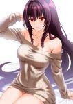  1girl bare_shoulders breasts cleavage collarbone engo_(aquawatery) fate/grand_order fate_(series) hair_between_eyes highres large_breasts long_hair looking_at_viewer off-shoulder_sweater off_shoulder purple_hair red_eyes ribbed_sweater scathach_(fate) smile solo sweater thighs white_sweater 