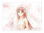  bare_shoulders bouquet bridal_veil bride brown_eyes dress ebisugawa_kaisei flower long_hair myk pink_hair smile solo uchouten_kazoku veil wedding_dress 