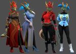 2024 3d_(artwork) 5_fingers anthro armwear asian_clothing before_and_after belt blender_(software) blue_eyes blue_hair boots bottomwear bras_(petruz) breasts chinese_clothing chinese_dress clothed clothing comparison digital_media_(artwork) dragon dress duo east_asian_clothing eastern_dragon elbow_gloves female fingerless_elbow_gloves fingerless_gloves fingers footwear gloves green_body green_scales hair handwear hi_res high_heels horn horn_jewelry horn_ring humanoid_hands isu_(petruz) jacket jewelry legwear mythological_creature mythological_scalie mythology pants petruz petruz_(copyright) red_eyes red_hair ring_(jewelry) scales scalie sibling_(lore) sister_(lore) sisters_(lore) source_filmmaker standing stockings topwear