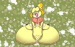 animal_crossing anthro balls big_balls big_breasts big_penis blush bodily_fluids breasts canid canine canis clothed clothing cum digital_media_(artwork) domestic_dog female fur genital_fluids genitals gynomorph hair huge_balls huge_penis hyper hyper_genitalia hyper_penis intersex isabelle_(animal_crossing) jayme_universe mammal nintendo penis precum shih_tzu simple_background sitting_on_balls smile solo toy_dog yellow_body