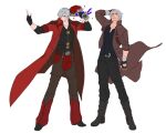  2boys backless_pants black_gloves bouquet coat dante_(devil_may_cry) devil_may_cry_(series) devil_may_cry_4 devil_may_cry_5 facial_hair fingerless_gloves flower gloves holding holding_bouquet male_focus mature_male multiple_boys muscular muscular_male pants red_coat simple_background smile touuax white_hair 