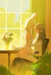  2girls absurdres animal_ears blush breasts chair closed_mouth cup curtains elbow_gloves flower gloves highres indoors long_hair multiple_girls nago_nago original rabbit_ears red_eyes sitting tail vase white_gloves white_hair window yuri 