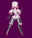 1girl absurdres arms_behind_back ass bodysuit bound bound_arms bound_legs breasts digitigrade exoskeleton from_behind full_body highres jian_xuanyuan large_breasts latex long_hair low_twintails mecha_musume mechanical_arms mechanical_legs original pink_hair purple_background reverse_prayer second-party_source shiny_clothes skin_tight solo standing stealth_bondage twintails variant_set 