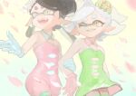  2girls bare_shoulders black_hair bow-shaped_hair callie_(splatoon) collar cousins cowboy_shot detached_collar dress earrings eggshell_hat falling_petals fangs gloves green_dress grey_hair grin hand_on_another&#039;s_arm hoop_earrings inkling jewelry jumpsuit kamikaihi_game long_hair looking_at_another marie_(splatoon) mole mole_under_eye multiple_girls official_alternate_costume one_eye_closed open_mouth outstretched_arm pantyhose petals pink_collar pink_gloves pink_jumpsuit pink_petals pointy_ears short_eyebrows short_hair short_jumpsuit smile splatoon_(series) splatoon_3 star-shaped_pupils star_(symbol) strapless strapless_dress striped_clothes striped_pantyhose swept_bangs symbol-shaped_pupils tentacle_hair thick_eyebrows twintails white_collar white_gloves yellow_background yellow_eyes 