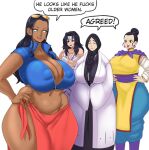  4girls areola_slip black_eyes black_hair black_kimono bleach braid breasts chi-chi_(dragon_ball) chinese_clothes cleavage collarbone covered_nipples curvy dragon_ball earrings forehead_protector front_braid hair_between_breasts hand_on_own_hip huge_breasts ignotoz japanese_clothes jewelry kimono large_areolae large_breasts long_hair mature_female multiple_girls naruto naruto_(series) navel nico_robin ninja nipples no_bra one_piece open_mouth plump puffy_nipples shinigami simple_background smile standing stomach sunglasses talking thick_thighs thighs unohana_retsu wide_hips yuuhi_kurenai 