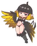  1girl :3 absurdres ahoge bird_legs black_eyes black_feathers black_hair blonde_hair blush chibi commentary commission english_commentary feathers harpy highres looking_at_viewer midriff monster_girl monster_girl_encyclopedia multicolored_hair navel nn_(eogks) pointy_ears short_hair solo talons thunderbird_(monster_girl_encyclopedia) two-tone_hair two-tone_wings white_background winged_arms wings yellow_feathers yellow_wings 