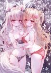 2girls absurdres animal_ear_fluff animal_ears ass bare_arms bare_shoulders black_bow black_bra black_panties blonde_hair blurry blurry_background blush bow bow_bra bow_panties bra braid breasts cleavage closed_mouth collarbone commentary_request depth_of_field flower grey_hair hair_bow hair_flower hair_ornament hairclip heart highres long_hair medium_breasts multiple_girls navel nose_blush original panties pink_flower pink_rose pointy_ears purple_eyes red_bra red_eyes red_panties rose smile strap_slip tail tandohark two_side_up underwear underwear_only very_long_hair white_flower 