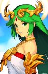  1girl absurdres breasts dress green_eyes green_hair highres kid_icarus kid_icarus_uprising long_hair looking_at_viewer palutena smgold solo strapless strapless_dress white_dress 