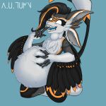  a.u.tumn abdominal_bulge anthro avali belly belly_rub big_belly black_hair bloated bulge feathered_wings feathers female fluffy fur grin hair hi_res jasuni_warmvoice neck_bulge sharp_teeth smile solo tail teeth vore white_body white_fur wings 