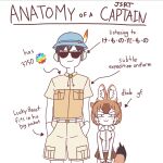  1boy 1girl :3 acesrulez anatomy_of_a_gamer_(meme) animal_ears arrow_(symbol) bare_shoulders blush blush_stickers bow breast_pocket brown_hair bucket_hat captain_(kemono_friends) closed_mouth cowboy_shot dhole_(kemono_friends) dog_ears dog_girl dog_tail english_text extra_ears gloves hands_in_pockets hat height_difference highres jacket kemono_friends kemono_friends_3 looking_at_viewer meme multicolored_hair pocket safari_jacket sandstar shirt short_hair short_sleeves side-by-side simple_background skirt sleeveless smile standing straight-on sunglasses tail two-tone_hair white_background white_hair 