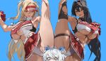  3girls bay_(nikke) black_hair blonde_hair blush breasts cheerleader clay_(nikke) crop_top dark-skinned_female dark_skin goddess_of_victory:_nikke hair_intakes highres hintobento large_breasts leg_lift long_hair mole mole_under_mouth multicolored_hair multiple_girls navel panties pleated_skirt poli_(cheer_up_police)_(nikke) poli_(nikke) pom_pom_(cheerleading) ponytail short_twintails skirt smile twintails underboob underwear visor_cap white_hair white_panties 