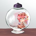  bottle chibi commentary_request dress earrings hat highres in_bottle in_container ini_(inunabe00) jewelry looking_at_viewer mystia_lorelei o_o pink_hair short_hair solo sweatdrop touhou 