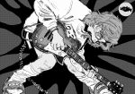 1other electric_guitar fish grey_hair greyscale guitar halftone halftone_background highres icon_(computing) instrument mettaflix monochrome open_mouth original playing_guitar shirt slippers socks solo white_shirt white_socks 