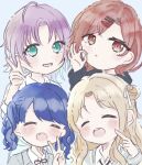  4girls :d :o ^_^ ahoge asakura_toru blue_hair blush brown_hair closed_eyes cottonplum fang finger_to_cheek fukumaru_koito hair_bun higuchi_madoka ichikawa_hinana idolmaster idolmaster_shiny_colors light_brown_hair looking_at_viewer mole mole_under_eye multiple_girls neck_ribbon noctchill_(idolmaster) ok_sign purple_hair ribbon school_uniform shirt single_side_bun smile teeth twintails upper_body upper_teeth_only v w white_shirt 