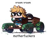  1boy blonde_hair blue_tunic comic_sans driving english_text headlight link miyan_(oceanmaiden) motor_vehicle pointy_ears profanity simple_background solo sunglasses the_legend_of_zelda the_legend_of_zelda:_tears_of_the_kingdom wheel white_background zonai_device 