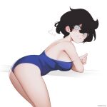 1girl absurdres black_hair blue_one-piece_swimsuit breasts character_request clothes_pull commission copyright_request heart highres large_breasts looking_at_viewer once_11h one-piece_swimsuit one-piece_swimsuit_pull parted_lips short_hair sideboob solo swimsuit white_eyes 