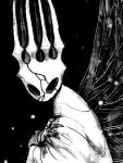  1other black_background broken butterfly_wings cloak crack crown ded-lime fingernails grey_background greyscale highres hollow_eyes hollow_knight horns insect_wings monochrome pale_king_(hollow_knight) robe solo white_cloak white_robe wings 