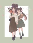  2girls :d bag black_footwear blue_eyes blush border bouquet brown_hair brown_skirt closed_mouth collared_shirt commentary double_bun dress flower foongus green_border green_dress green_socks hair_bun handbag high-waist_skirt highres hilda_(pokemon) hime_(himetya105) holding holding_bouquet holding_flower holding_hands long_sleeves looking_at_viewer multiple_girls open_mouth outside_border pink_flower pink_tulip pokemon pokemon_(creature) pokemon_bw pokemon_bw2 rosa_(pokemon) shirt shirt_tucked_in shoes side-by-side simple_background skirt sleeveless sleeveless_dress smile socks symbol-only_commentary tepig tulip twintails white_background white_shirt yuri 