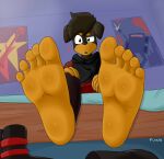 5_toes absurd_res anthro bed bedroom canid canine clothing feet foot_fetish footwear furniture hi_res male mammal mr_fuwa on_bed poster question_mark shoes sitting sitting_on_bed soles solo toes