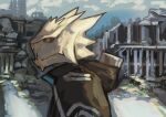  12f_(arknights) 1boy arknights buchi0122 closed_mouth commentary furry furry_male highres hood hood_down hooded_jacket jacket looking_to_the_side male_focus profile reptile_boy ruins upper_body yellow_eyes 