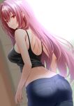  1girl alternate_costume ass bare_shoulders black_shirt black_tank_top blue_pants breasts casual closed_mouth crop_top denim engo_(aquawatery) fate/grand_order fate_(series) floating_hair from_behind hair_between_eyes hair_intakes highres jeans large_breasts lips long_hair looking_at_viewer midriff pants pink_lips purple_hair red_eyes scathach_(fate) shirt sleeveless sleeveless_shirt smile solo tank_top 