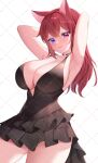  1girl animal_ears armpits arms_up black_dress breasts cat_ears closed_mouth commission dress fyirkingdomsis heterochromia highres indie_virtual_youtuber large_breasts pinky_mikaori purple_eyes red_eyes red_hair smile solo virtual_youtuber 