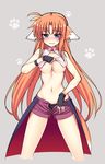  animal_ears arf bare_shoulders blue_eyes blush breasts cleavage cleavage_cutout collarbone cropped_legs dog_ears embarrassed fang fingerless_gloves gloves grey_background groin large_breasts long_hair lyrical_nanoha mahou_shoujo_lyrical_nanoha midriff navel orange_hair panties paw_print raiou shiny shiny_hair shirt_lift shorts simple_background solo tail underboob underwear unzipped waist_cape 