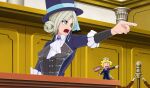  1girl ace_attorney artist_name ascot black_vest blue_bow boater_hat bow coat collared_shirt courtroom doll grey_eyes grey_hair hair_bun hat hat_bow jenova_(crimsonedge) long_sleeves looking_to_the_side objection open_mouth outstretched_arm parody pointing purple_brooch purple_coat purple_hat reverse:1999 shirt short_hair shouting single_side_bun solo stanchion upper_body vertin_(reverse:1999) vest waistcoat white_ascot white_shirt 