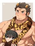  1boy 1girl abs bara blush cone_horns cross_scar facial_hair goatee_stubble hetero highres horns houzouin_oniwaka large_pectorals long_sideburns looking_at_another male_focus muscular muscular_male nipples official_alternate_costume pectorals print_scarf protagonist_2_(housamo) scar scar_on_face scar_on_forehead scarf short_hair sideburns solo strongman_waist stubble thick_eyebrows tokyo_afterschool_summoners upper_body yu062424 