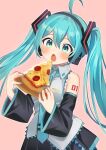  1girl absurdres ahoge aqua_eyes aqua_hair aqua_nails aqua_necktie bare_shoulders black_sleeves blush commentary corn detached_sleeves eyebrows_hidden_by_hair food grey_shirt hatsune_miku headphones highres holding holding_food holding_pizza imminent_bite long_hair meruko-san necktie number_tattoo open_mouth pepperoni pink_background pizza pizza_slice shirt solo symbol-only_commentary tattoo twintails very_long_hair vocaloid 