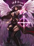  black_hair black_legwear breasts cape cleavage earrings evan_yang halo jewelry large_breasts legs long_hair magic navel_cutout original outstretched_arm parted_lips red_eyes revealing_clothes solo thighhighs thighs torn_clothes wings 