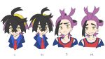  1boy absurdres amenonoco black_hair blue_shirt blush collared_shirt cropped_shoulders crossed_bangs empty_eyes flying_sweatdrops hairband highres jacket kieran_(pokemon) male_focus mole mole_on_neck multicolored_hair multiple_views off_shoulder open_mouth pokemon pokemon_sv purple_hair red_tank_top shirt simple_background tank_top upper_body white_background yellow_eyes 