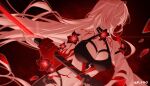  1girl acheron_(honkai:_star_rail) black_choker black_gloves black_shorts body_markings breasts choker cleavage coat coattails detached_sleeves flower gloves hair_over_eyes highres holding holding_sword holding_weapon honkai:_star_rail honkai_(series) jk_4140 long_hair midriff navel official_alternate_hair_color red_flower short_shorts shorts single_bare_shoulder solo stomach sword twitter_username weapon white_coat white_hair 